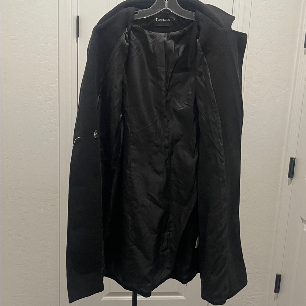 Chou Yatou Double Breasted Wool Blend Black Pea Coat Women’s Sz M with Pocket - Picture 10 of 16